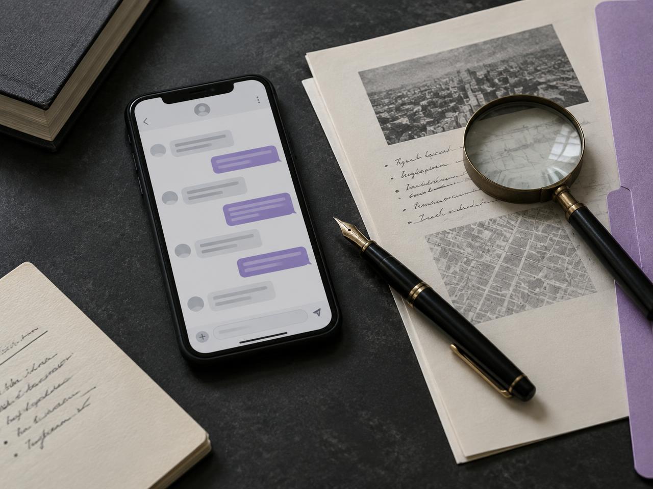 Telefone, documentos e lupa organizados para análise de uma situação digital