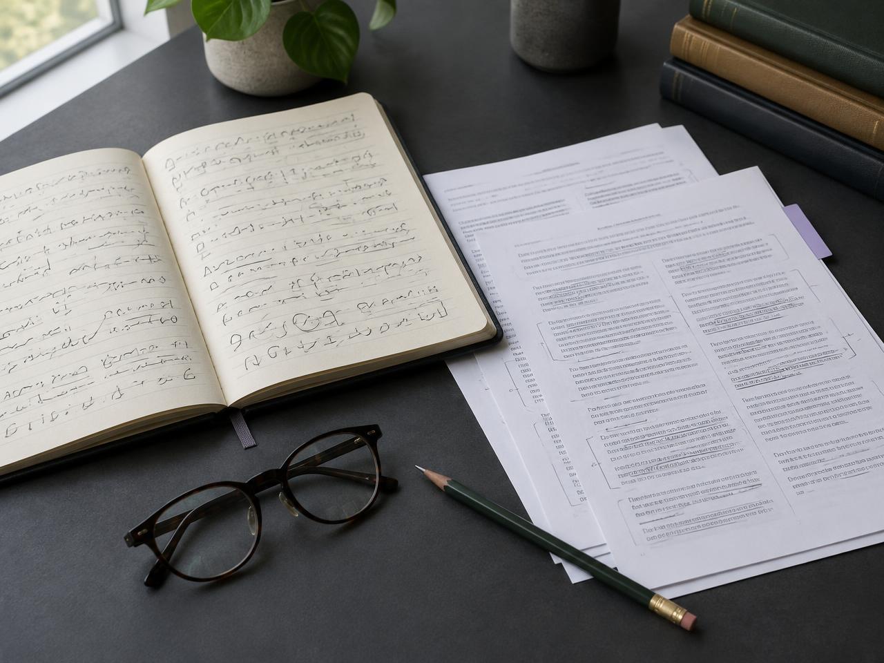 Caderno e textos dispostos para análise de linguagem e inteligência